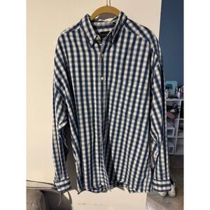 Structure Mens Plaid Button Down Shirt Blue White 100% Cotton Long Sleeve Large